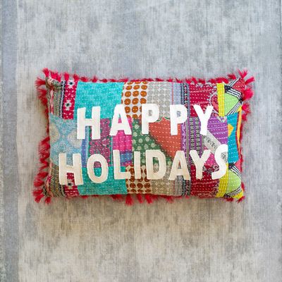 Happy Holidays Kantha Quilt Accent Pillow