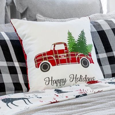 Happy Holidays Plaid Truck Pillow Cover