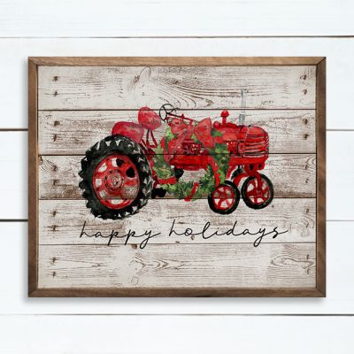 Happy Holidays Tractor Wreath Whitewash Wall Decor