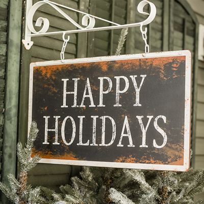 Happy Holidays Weathered Hanging Sign on Bracket