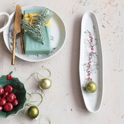 Holiday Holly Debossed Stoneware Tray Set of 2