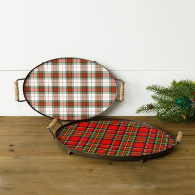 Holiday Plaid Metal Tray With Handles Set of 2