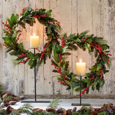 Holly Berry Pine Wreath On Candle Stand