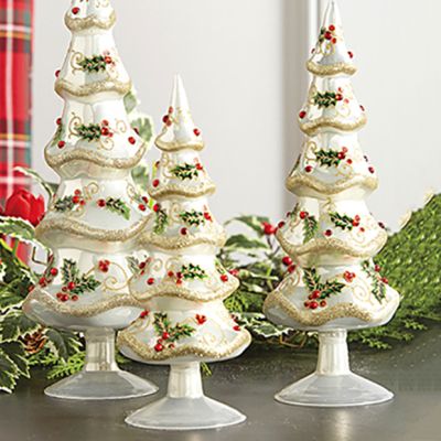 Jeweled Christmas Trees With Holly Set of 3
