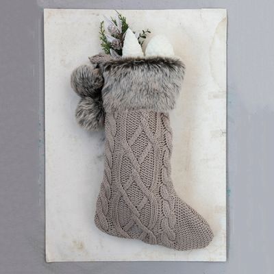 Knit Stocking With Faux Fur Cuff and Pom Poms