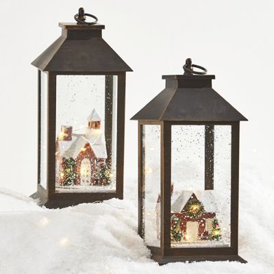 Lantern With Lighted Winter Village House Set of 2