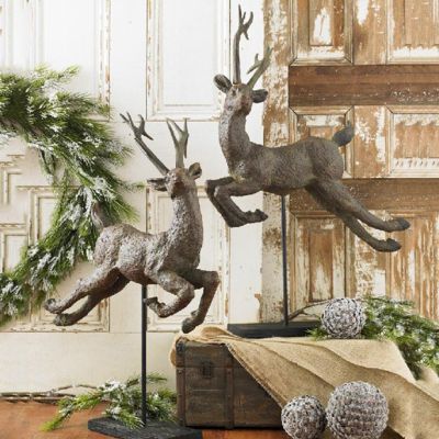 Leaping Deer On Wood Stand Set of 2