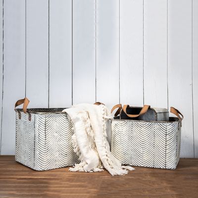 Leather Handled Textured Metal Baskets Set of 3