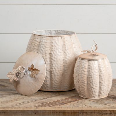 Lidded Metal Decorative Pumpkin Containers Set of 2