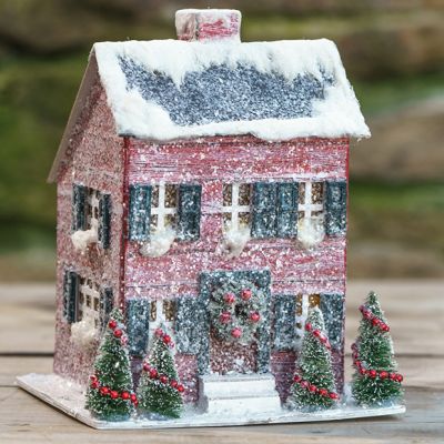 Lighted House Holiday Saltbox, Red Hued