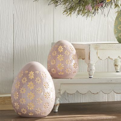 Lighted Porcelain Pink Easter Egg Set of 2