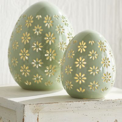 Lighted Porcelain Green Easter Egg Set of 2