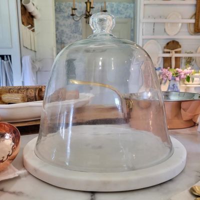 Marble Cake Plate and Glass Dome Set