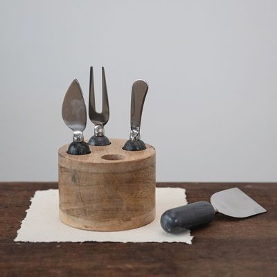 Marble Handle Cheese Servers With Wood Stand