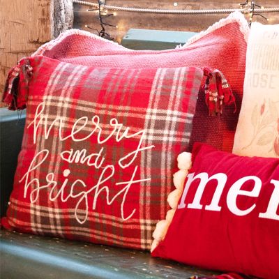 Merry And Bright Embroidered Plaid Accent Pillow