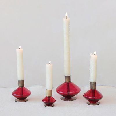 Metal and Red Glass Taper Holder Set of 4