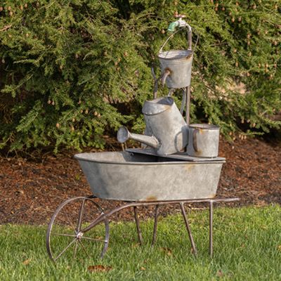 Metal Bucket and Wheelbarrow Garden Fountain