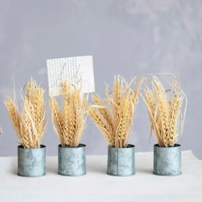 Metal Pot With Faux Wheat Place Card Holder Set of 4