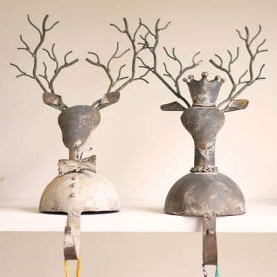 Metal Reindeer Couple Stocking Holder Set