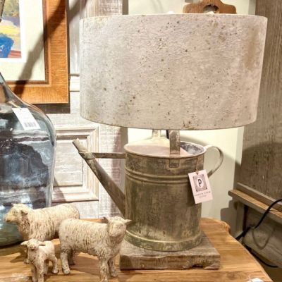 Metal Watering Can Table Lamp With Wood Base