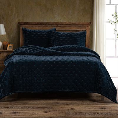 Midnight Blue Faux Silk Velvet Bed Quilt