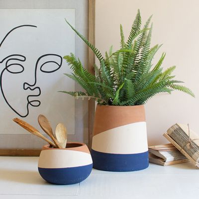 Modern Blue and Natural Ceramic Pot Set of 2