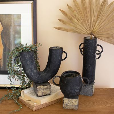 Modern Eclectic Clay Vase on Rock Vase Set of 3