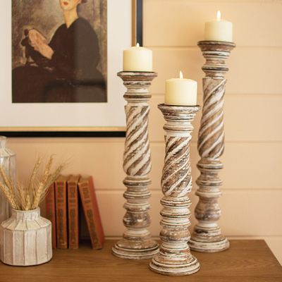 Modern Farmhouse Turned Wood Candle Holders Set of 3