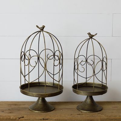 Muted Brass Pedestal Birdcage Set of 2