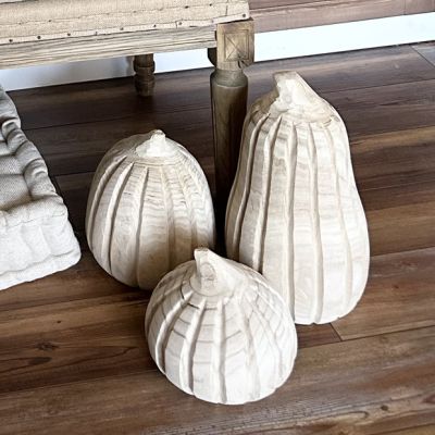 Natural Wood Carved Pumpkin Set of 3