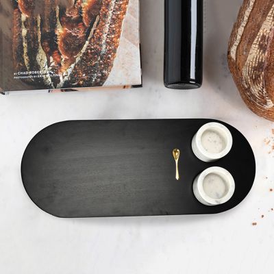 Oblong Wood Tray With Marble Bowls And Spoon