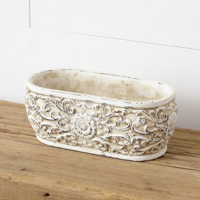 Oval Floral Cement Tub Planter Set of 2