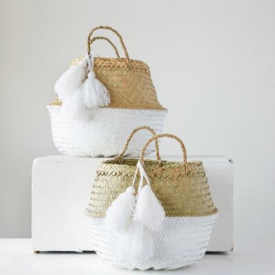 Painted Bottom Seagrass Basket With Tassels, Set of 2