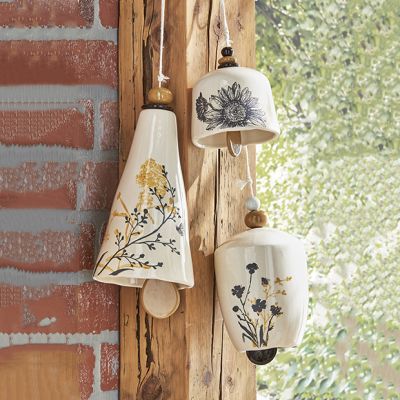 Painted Floral Hanging Stoneware Bells Set of 3