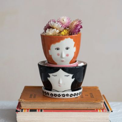 Painted Stoneware Face Planter with Saucer Set of 2