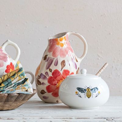 Painted Stoneware Floral Pitcher