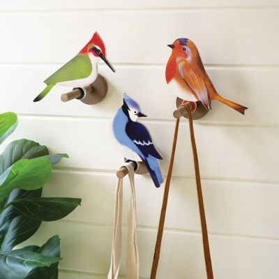 Painted Wood Perched Bird Wall Hooks Set of 3
