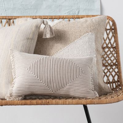 Patterned Chambray Lumbar Pillow With Fringe