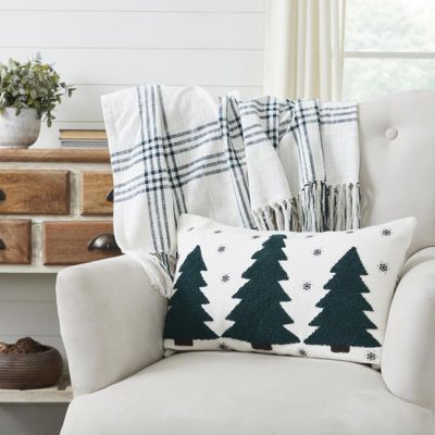 Pine Green Plaid Embroidered Holiday Trees Pillow