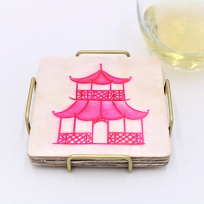 Pink Pagoda Capiz Coasters in Holder Set of 4