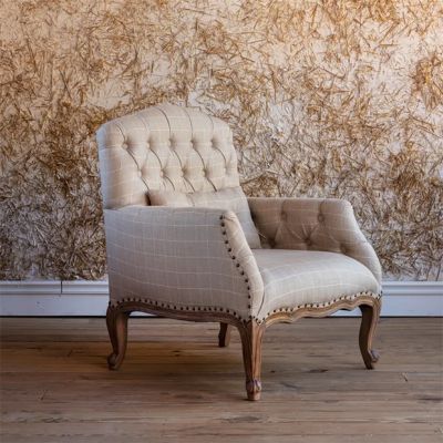 Plaid Linen Upholstered Armchair