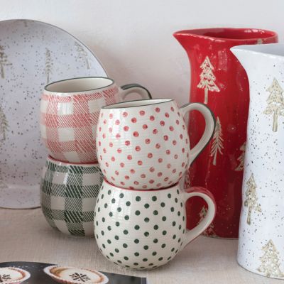 Polka Dot And Plaid Holiday Mug Set of 4