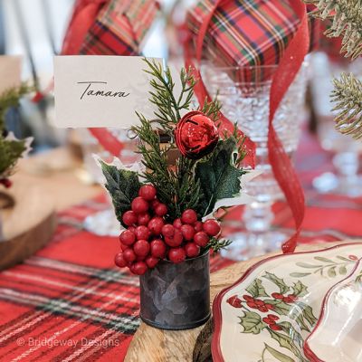 Potted Pine and Berry Sprig Place Card Holder Set of 4