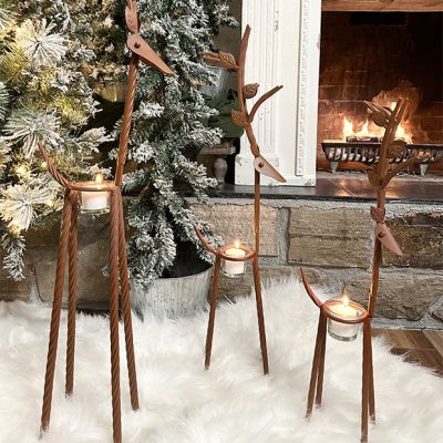 Primitive Iron Reindeer Tea Light Holder Set of 3