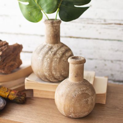 Primitive Round Wooden Bottle Vase Set of 2
