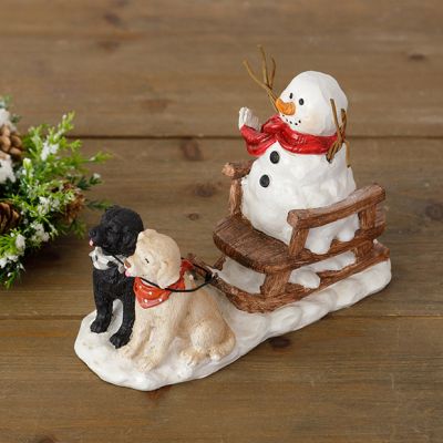 Pups Pulling Snowman Sled Figurine