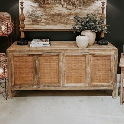 Rattan and Wood Console Cabinet