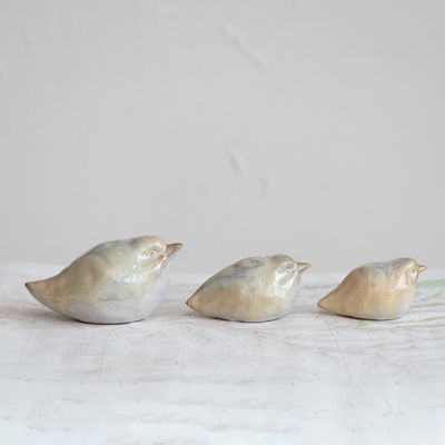 Reactive Glaze Stoneware Birdie Figure Set of 3