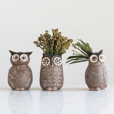Reactive Glaze Stoneware Owl Vase Set of 3