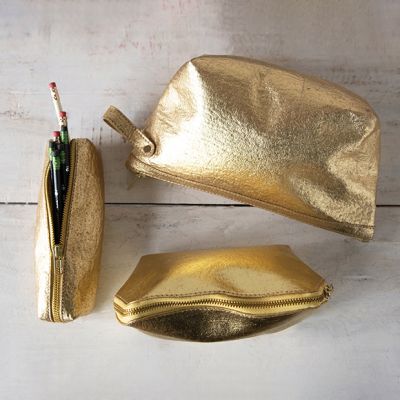 Reclaimed Gold Leather Zipper Pouch Lipstick